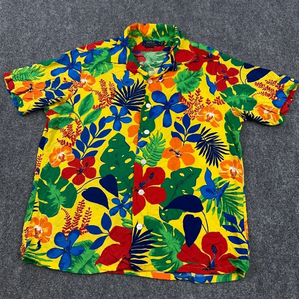 Polo Ralph Lauren Shirt Men's M Floral Tropical Hawaiian Viscose Camp Collar